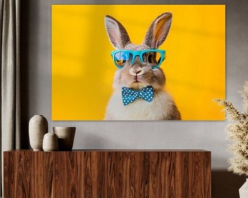 Lapin avec lunettes et nœud papillon sur fond jaune sur Poster Art Shop