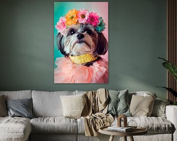 Pretty dog in a wreath of flowers - Playful by Poster Art Shop
