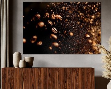 Koffiebonen in dynamische vlucht - close-up van Poster Art Shop