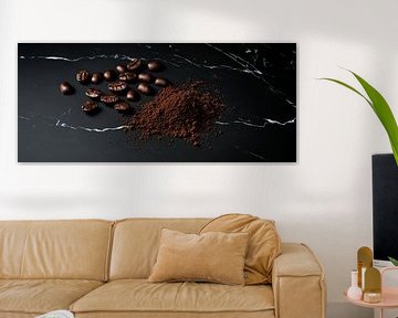 Grains et poudre de café sur du marbre sur Poster Art Shop