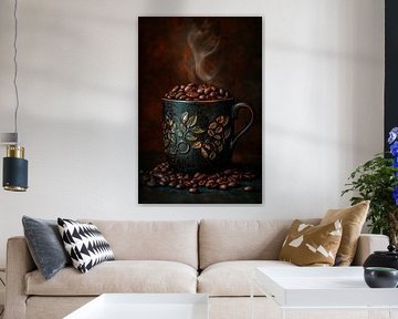 Tasse à café avec grains et vapeur sur Poster Art Shop