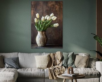 Witte tulpen in rustieke vaas van Imperial Art House