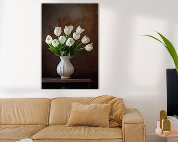 White tulips in rustic vase by Imperial Art House