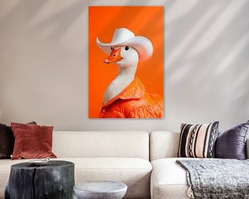 Chicks in cowboy look in front of orange by Poster Art Shop