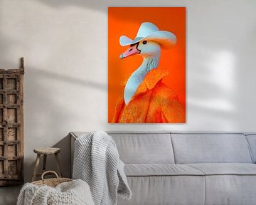 Kuiken in cowboy look op oranje van Poster Art Shop