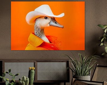 Chick in cowboy look in front of orange-coloured wall by Poster Art Shop