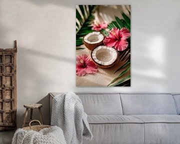 Coconuts and hibiscus flowers - tropical freshness by Poster Art Shop