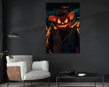 Pumpkin head in a harvest field at night by Poster Art Shop