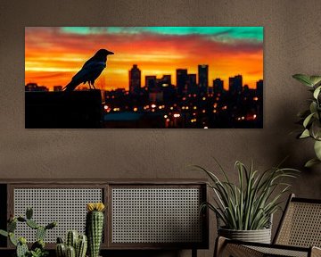 Corneille devant la silhouette de la ville au coucher du soleil sur Poster Art Shop