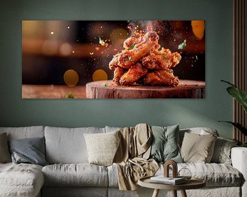 Kross gebratene Hähnchenflügel auf Holzbrett von Poster Art Shop