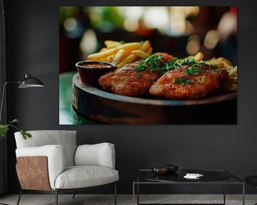Crispy chicken with chips and sauce by Poster Art Shop