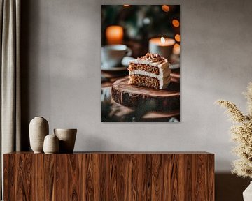 Köstliches Stück Sahnetorte auf Holzplatte von Poster Art Shop