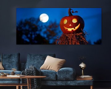 Lachende Halloween-pompoen bij nacht van Poster Art Shop