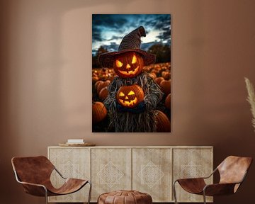 Gloeiende pompoenen in het herfstveld van Poster Art Shop