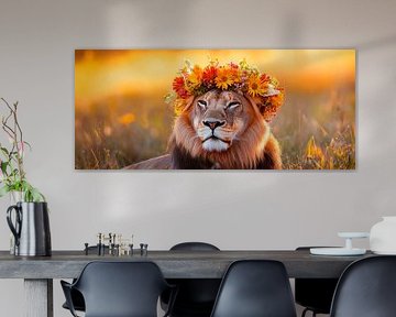 Lion with wreath of flowers in the sunset by Poster Art Shop
