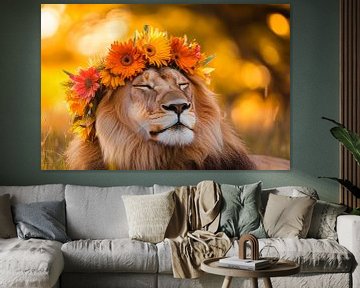 Leeuw met bloemenkrans in het zonlicht van Poster Art Shop