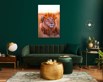 Lion with wreath of flowers in the evening light by Poster Art Shop