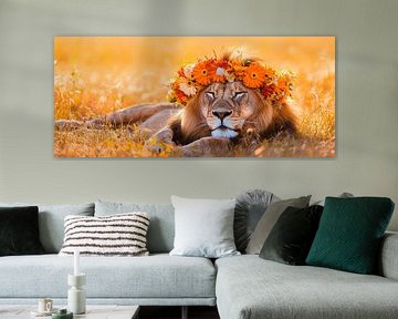 Lion with flower crown in the sunlight by Poster Art Shop