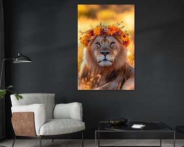 Lion with wreath of flowers in nature by Poster Art Shop