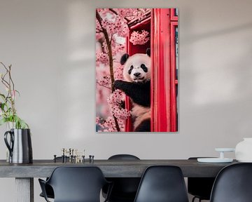 Panda in telefooncel met kersenbloesems van Poster Art Shop