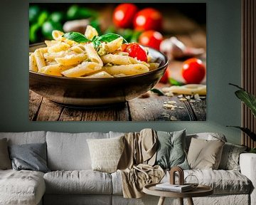 Pasta with tomatoes and fresh basil by Poster Art Shop