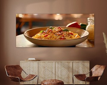 Pasta with fresh ingredients at a wooden table by Poster Art Shop