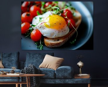 Perfect gepocheerd ei op toast met tomaten van Poster Art Shop