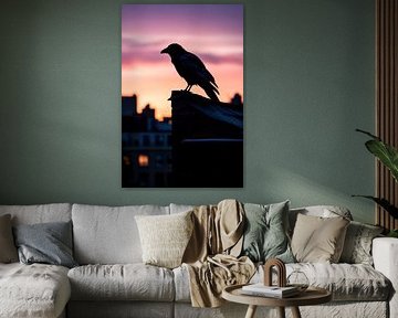 Raven black in front of a colourful sunset by Poster Art Shop