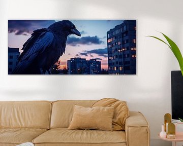 Raven black against an urban backdrop at dusk by Poster Art Shop