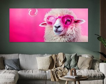 Schaap met zonnebril tegen roze achtergrond van Poster Art Shop