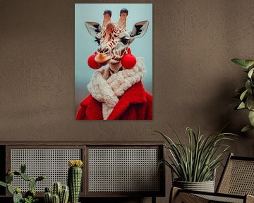 Chique giraffe in een rode jas - Nostalgisch van Poster Art Shop