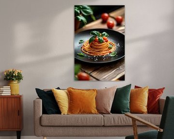 Spaghettischotel met verse basilicum van Poster Art Shop