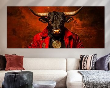 Sterke aanwezigheid: stier in rode outfit van Poster Art Shop