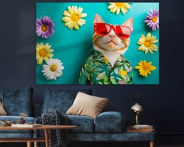 Chat stylé avec lunettes de soleil et fleurs sur Poster Art Shop