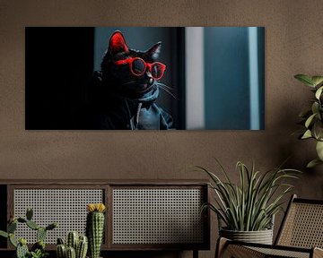 Stijlvolle kat met rode bril en capuchon van Poster Art Shop