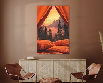 Tent view with sunset and mountains by Poster Art Shop