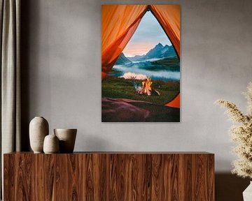Tent view of a misty mountain panorama by Poster Art Shop