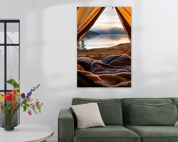 Tentzicht op een rustig meer bij zonsopgang van Poster Art Shop