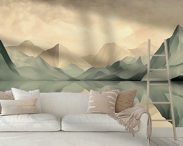 Kubistische Berglandschaft, die sich im See spiegelt