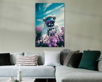 Astronaute dans un champ de lavande sous un ciel bleu sur Poster Art Shop