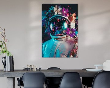 Astronaut with wreath of flowers in neon light by Poster Art Shop