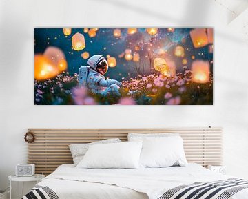 Astronaut omringd door gloeiende lantaarns van Poster Art Shop