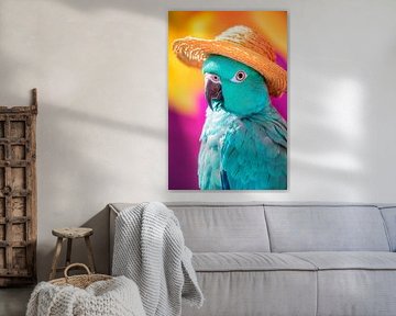 Colourful parrot with straw hat - Cheerful and colourful by Poster Art Shop