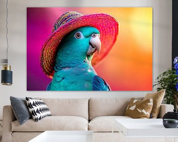 Colourful parrot with straw hat at sunset by Poster Art Shop