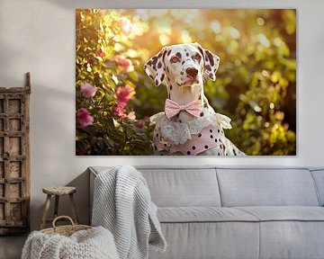 Dalmatian in festive attire in the garden by Poster Art Shop