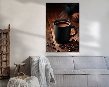 Dampende koffie in een zwart kopje van Poster Art Shop