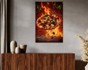 Vliegende pizza in vlammen - Heerlijk en dynamisch van Poster Art Shop