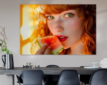 Vrouw geniet van watermeloen in het zonlicht van Poster Art Shop