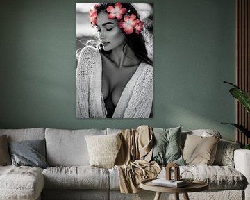 Woman with wreath of flowers in black and white by Poster Art Shop