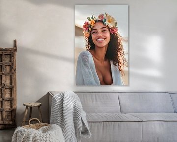 Cheerful portrait with wreath of flowers on the beach by Poster Art Shop